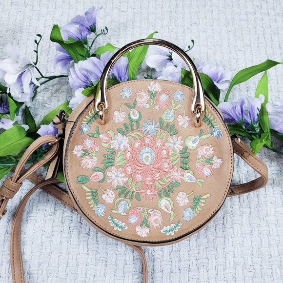 Altar'd State Handbags - Altar'd State brown vegan leather round floral crossbody purse